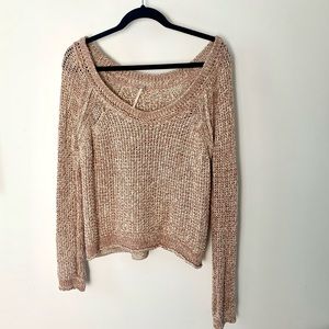 Cream and blush pink crocheted off the shoulder Free People sweater